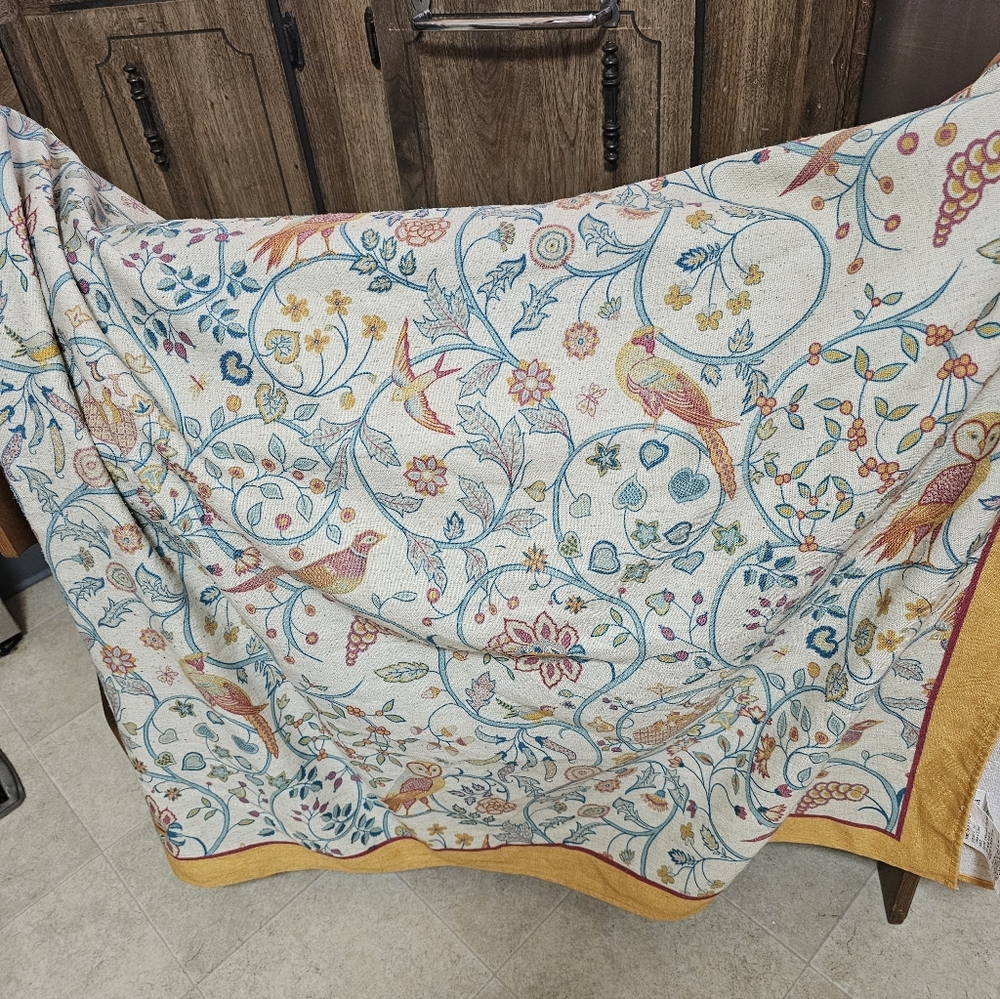 Patdrea 55x79" Vtg French Yellow Floral Birds Polyester Linen Tablecloth NWOT